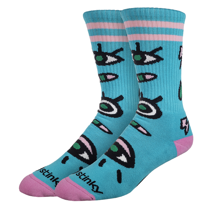 Pair of blue socks with pink accents and fish pattern on a white background