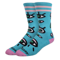 Pair of blue socks with pink accents and fish pattern on a white background
