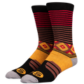 Pair of socks with black, red, and yellow pattern on a white background