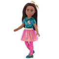 14-inch posable doll with brown hair and turquoise eyes