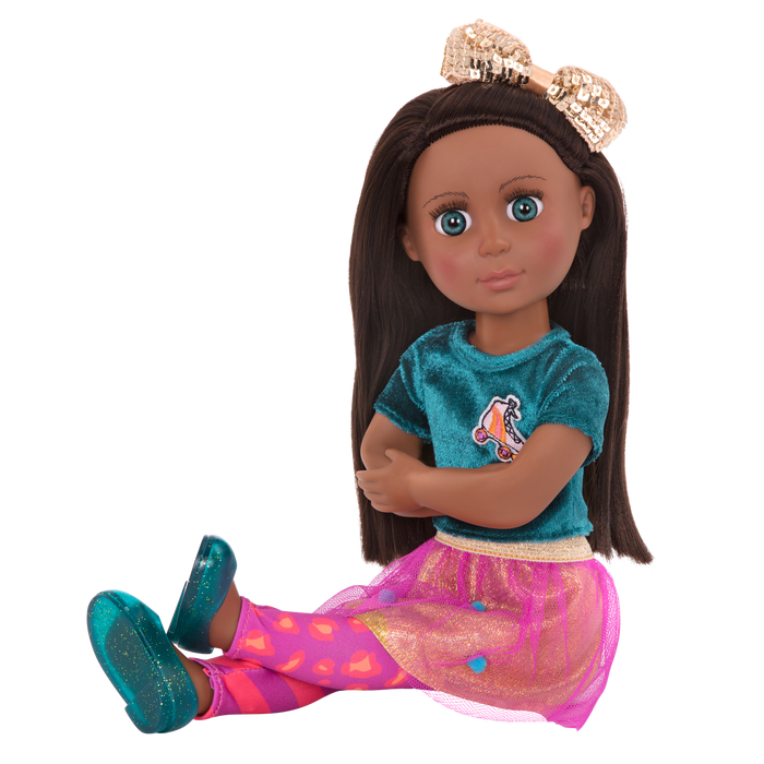 14-inch posable doll with brown hair and turquoise eyes