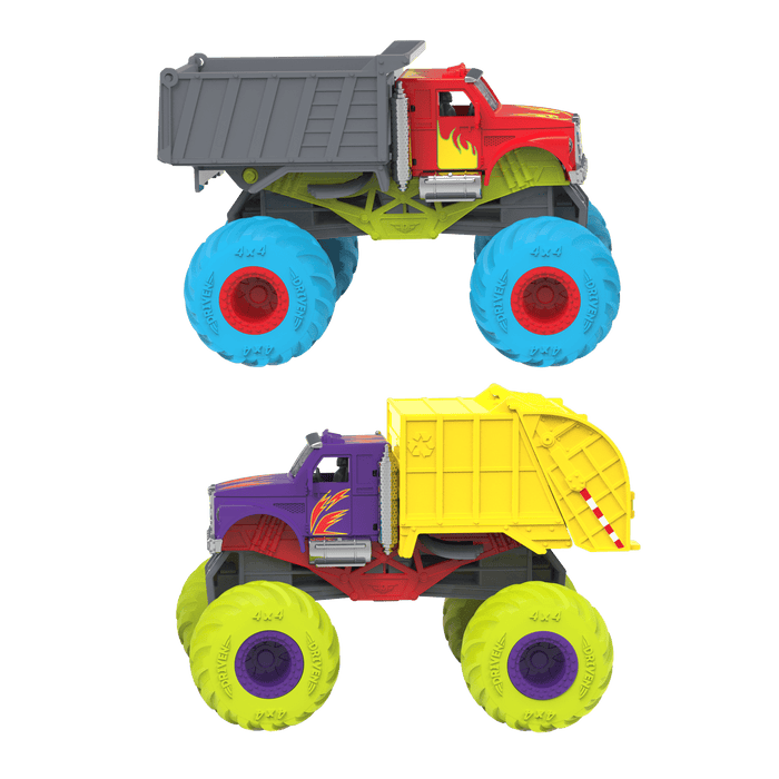 Two toy monster trucks.