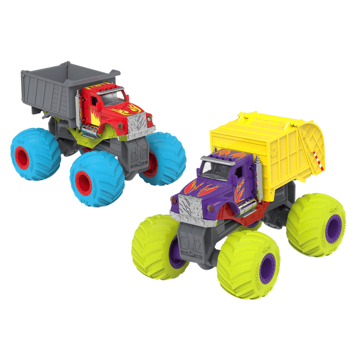 Two toy monster trucks.
