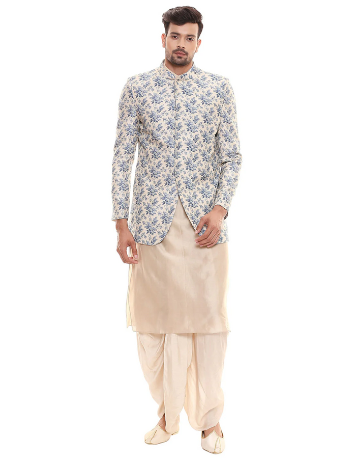 Offwhite Collared Kurta With Dhoti Pants Paired With Applique Floral Jacket