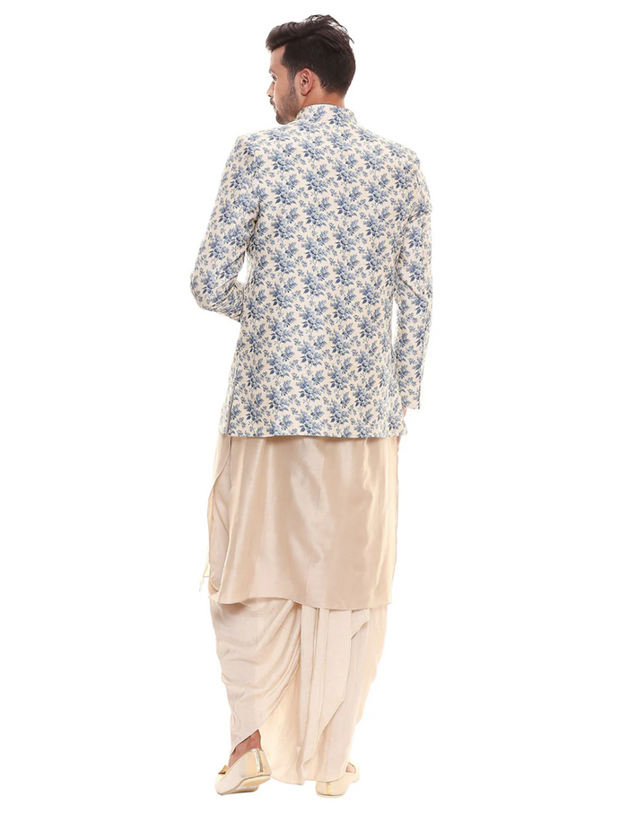 Offwhite Collared Kurta With Dhoti Pants Paired With Applique Floral Jacket