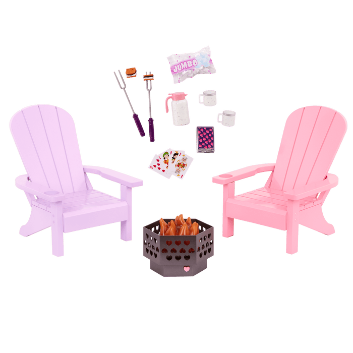 Our Generation Adirondack Chairs for 18-inch Dolls with firepit and accessories