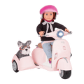 Sabina and Pup riding in Ride Along Scooter with Sidecar