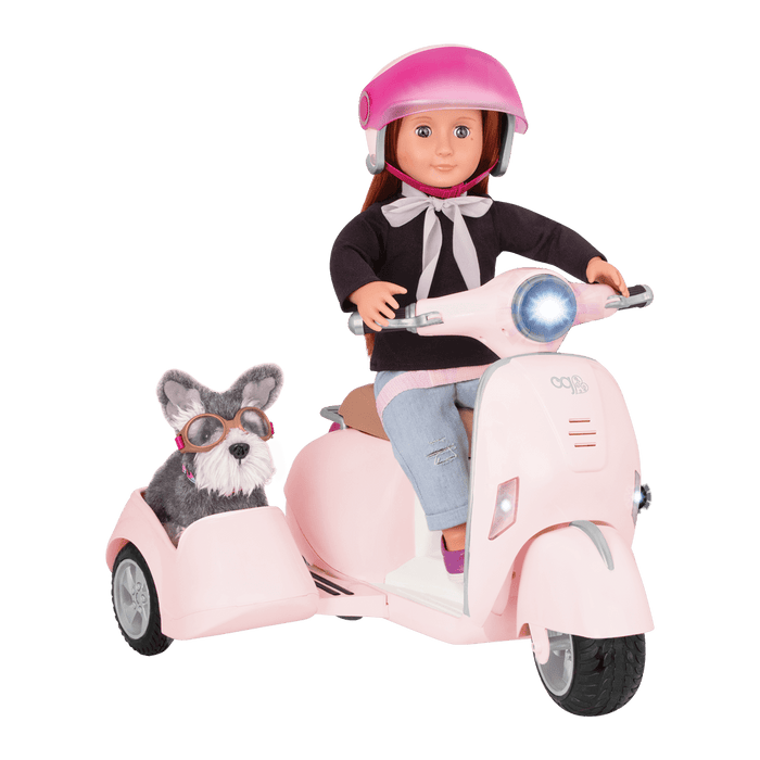 Sabina and Pup riding in Ride Along Scooter with Sidecar
