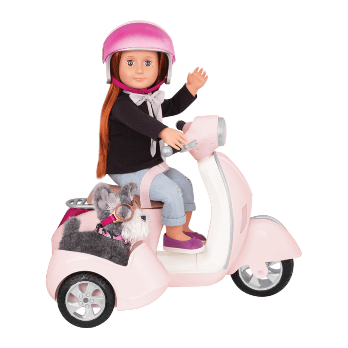 Sabina and Pup riding in Ride Along Scooter with Sidecar