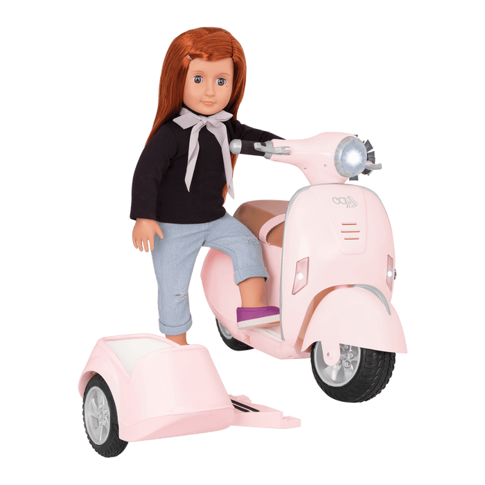 Sabina and Pup riding in Ride Along Scooter with Sidecar