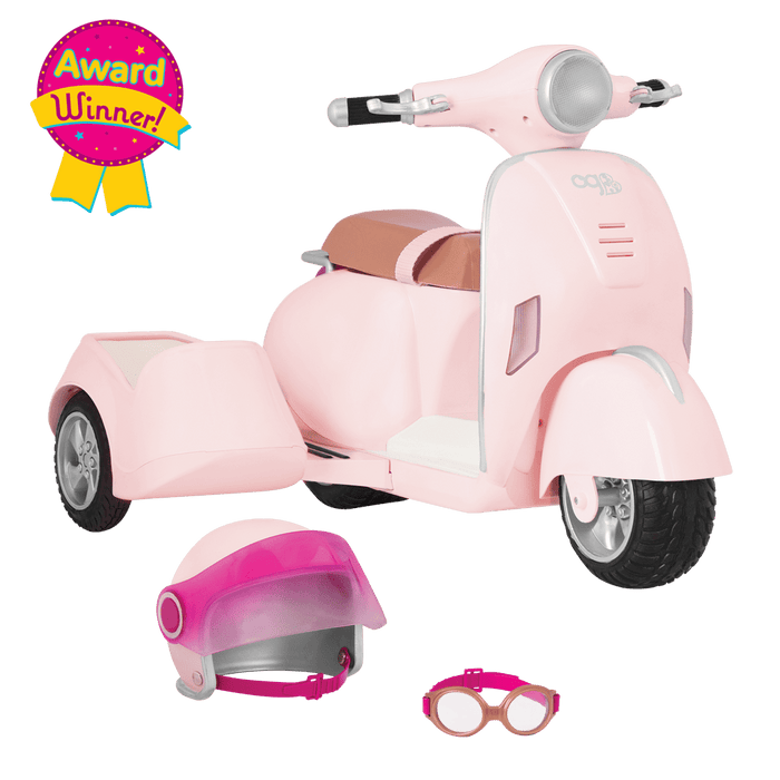 Sabina and Pup riding in Ride Along Scooter with Sidecar