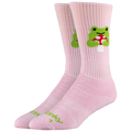 Pink socks with a green frog design on a white background