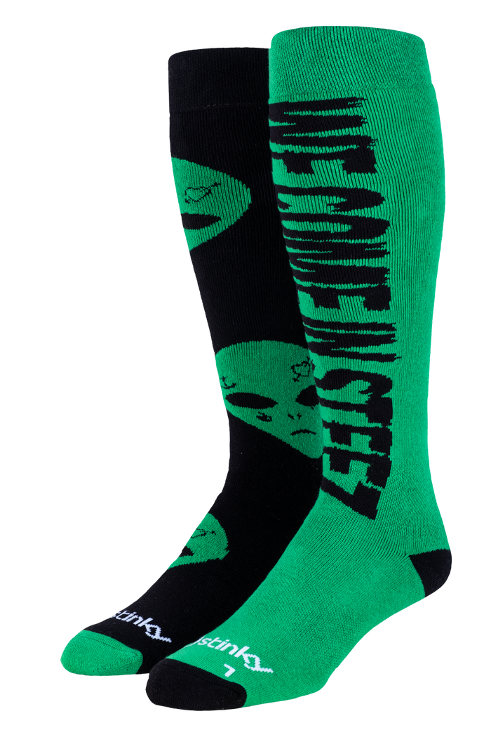 Green and black socks with alien design and text on a white background