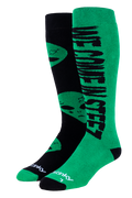Green and black socks with alien design and text on a white background