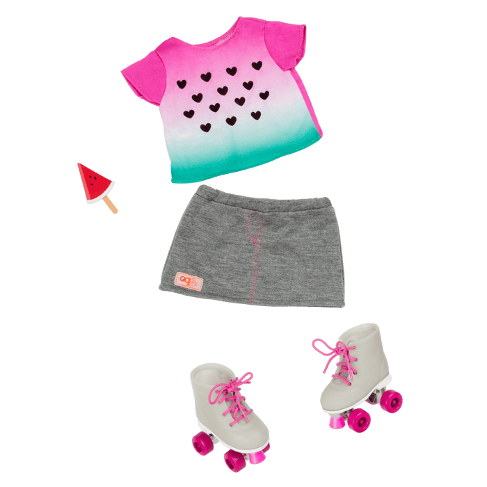 Watermelon-themed roller skating outfit for 18-inch doll