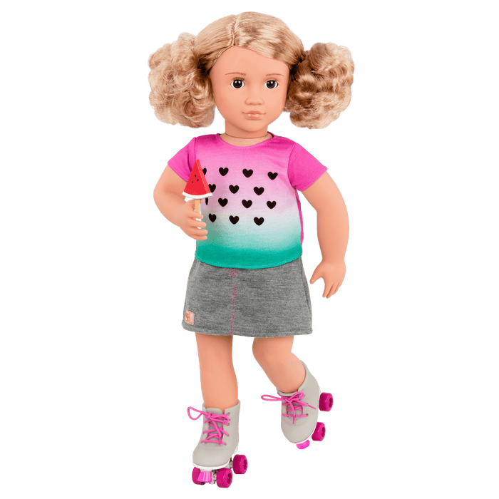 Watermelon-themed roller skating outfit for 18-inch doll