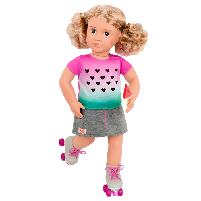 Watermelon-themed roller skating outfit for 18-inch doll