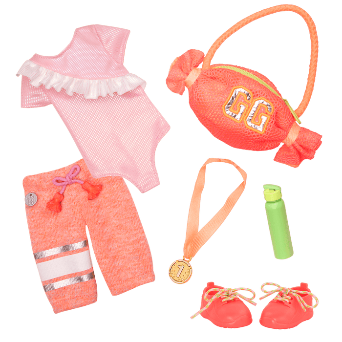 Gymnastic outfit with gym bag and medal for 14-inch doll