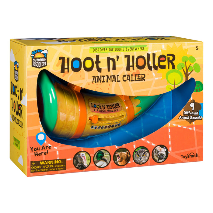 The Outdoor Discovery Hoot N Holler Animal Caller by Outdoor Discovery is a horn-shaped kids toy in bright yellow and green. The boxed package features animal images, advertises 9 animal sounds, and is perfect for ages 5+ and outdoor play.