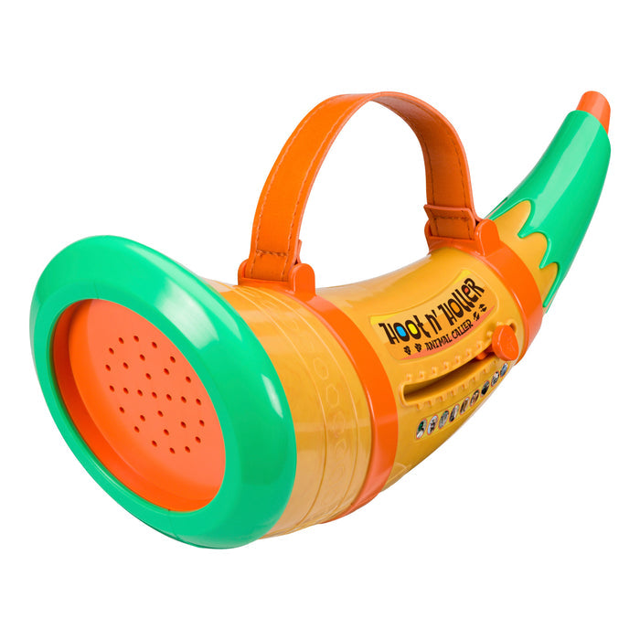 The Outdoor Discovery Hoot N Holler Animal Caller is a colorful kids' toy horn with a green and orange body, yellow "Hoot N Holler" panel, and orange handle—perfect for outdoor play and animal calling fun.