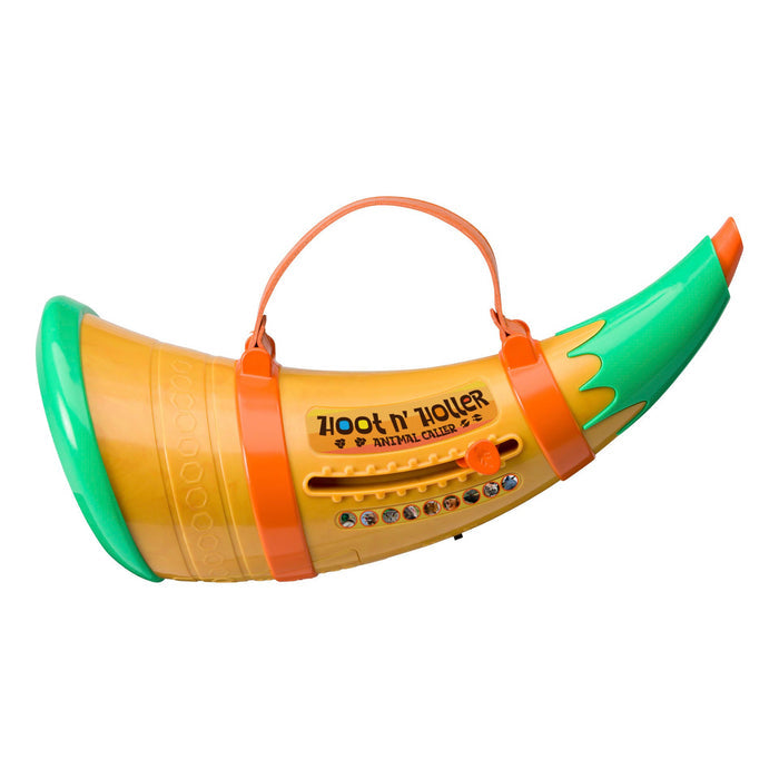 The Outdoor Discovery Hoot N Holler Animal Caller is a kids’ toy with a horn shape, green and orange details, top handle, and silver side buttons—perfect for outdoor play.