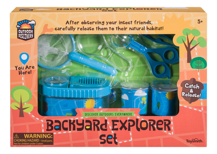 The Outdoor Discovery Nature Explorer Set by Outdoor Discovery comes in a colorful box with a net, magnifying glass, tweezers, scissors, containers, and a bug-viewing jar. Packaging features playful graphics and catch & release instructions.