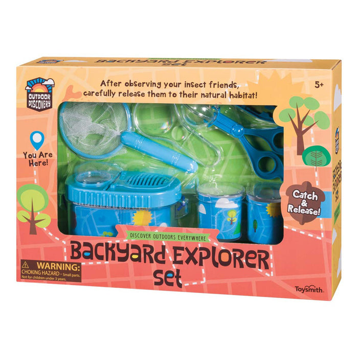 The Outdoor Discovery Nature Explorer Set by Outdoor Discovery includes a net, magnifying glass, tweezers, bug-viewing jar, and small containers. The orange and blue box features playful graphics and is recommended for ages 5+.