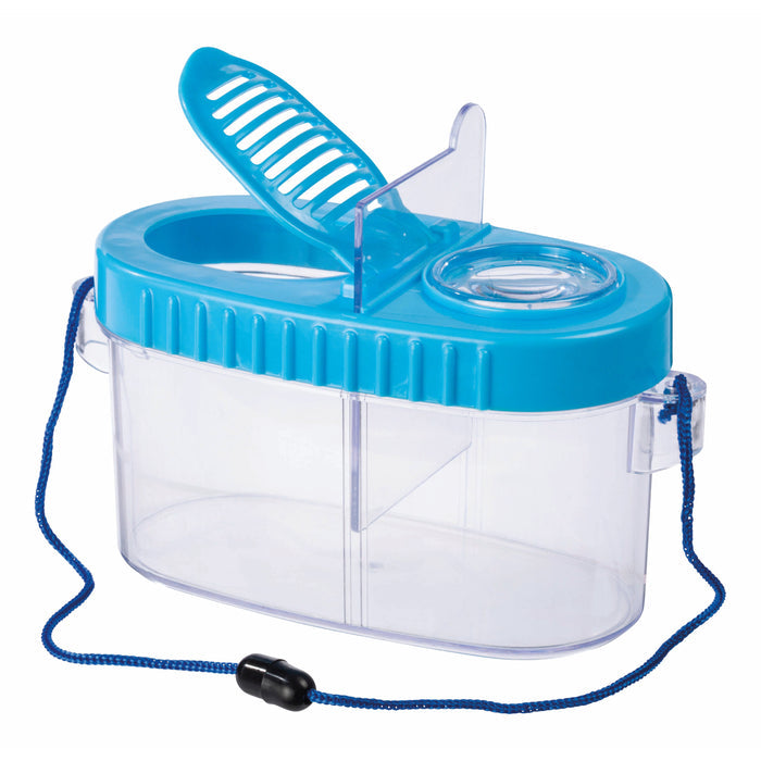 The Outdoor Discovery Nature Explorer Set by Outdoor Discovery features a clear bug-viewing jar with blue lid, vented handle, circular window, carrying strap, and black fastener—ideal for young nature explorers.