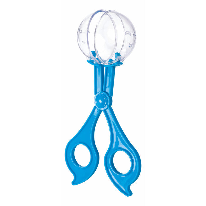 Blue plastic tongs with scissor-style handles and a clear, rounded scoop—perfect for picking up or serving items. An essential tool included in the Outdoor Discovery Nature Explorer Set by Outdoor Discovery.