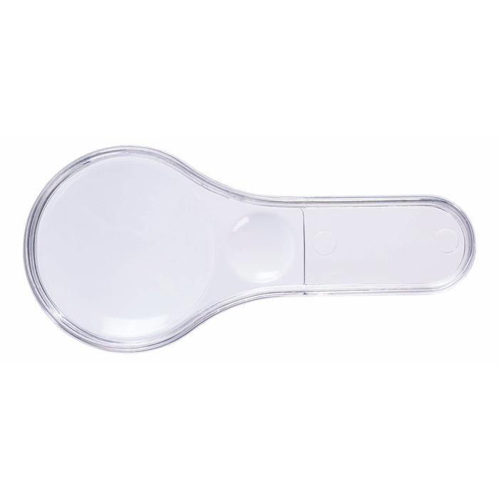 The Outdoor Discovery Nature Explorer Set by Outdoor Discovery features a clear plastic magnifying glass with a round lens and flat handle, ideal for outdoor exploration, shown from above on a white background.