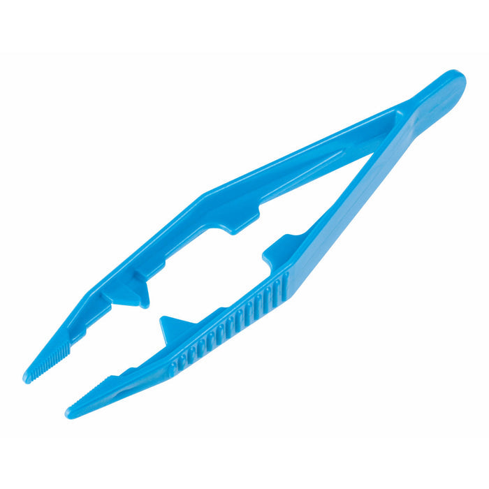 Blue plastic tweezers with serrated tips and notched grip from Outdoor Discovery, ideal for the Nature Explorer Set or any outdoor exploration kit. Shown on a white background.