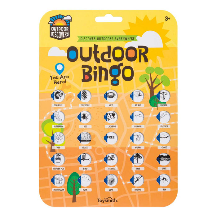 The Outdoor Discovery Outdoor Bingo 4 Pack by Outdoor Discovery features yellow cards with 25 nature-themed squares—like squirrel, pine cone, and butterfly—making it a perfect reusable bingo game for kids and outdoor adventures.