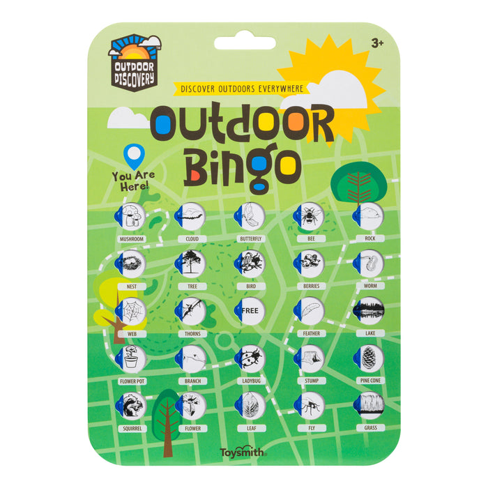 The Outdoor Discovery Outdoor Bingo 4 Pack lets kids explore nature by spotting icons like mushrooms, clouds, and butterflies on a green board. “You Are Here!” is marked for added adventure in this fun park-themed game by Outdoor Discovery.