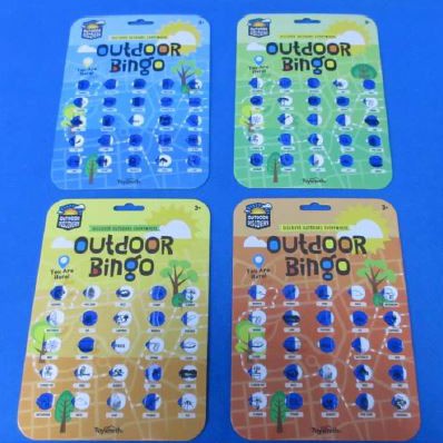 The Outdoor Discovery Outdoor Bingo 4 Pack features four colorful, reusable boards with unique backgrounds and outdoor-themed images—perfect for nature walks and fun from the Outdoor Discovery brand.
