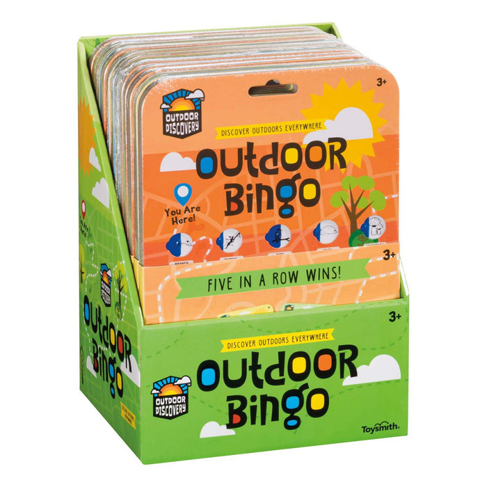 The Outdoor Discovery Outdoor Bingo 4 Pack by Outdoor Discovery features reusable, colorful nature-themed bingo cards for ages 3+. Perfect for nature walks. Text on box: FIVE IN A ROW WINS!.