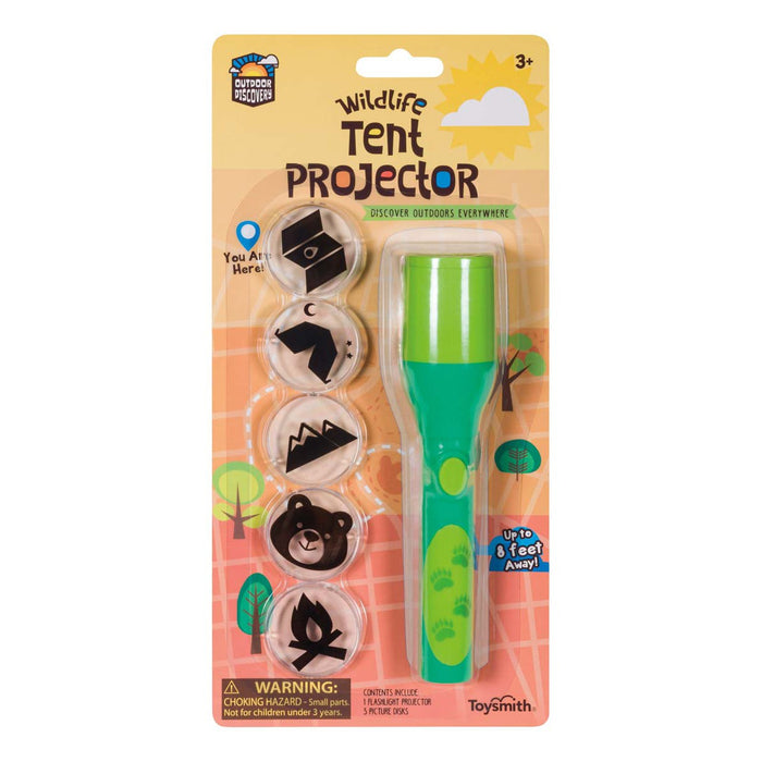 The Outdoor Discovery Wildlife Tent Projector toy for ages 3+ sparks imaginative play with a green flashlight and four animal and nature discs. Text: “Discover outdoors everywhere.” Warning: small parts—choking hazard.