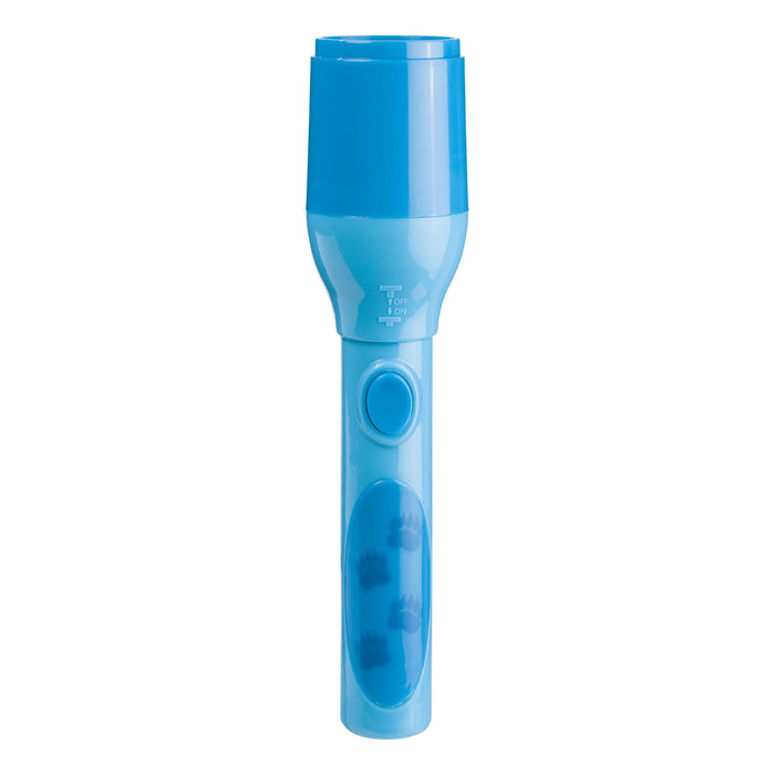 The Outdoor Discovery Wildlife Tent Projector by Outdoor Discovery is a blue plastic flashlight featuring a round handle button and paw print designs, ideal for imaginative play or lighting up adventures in a kids tent. Shown against a white background.