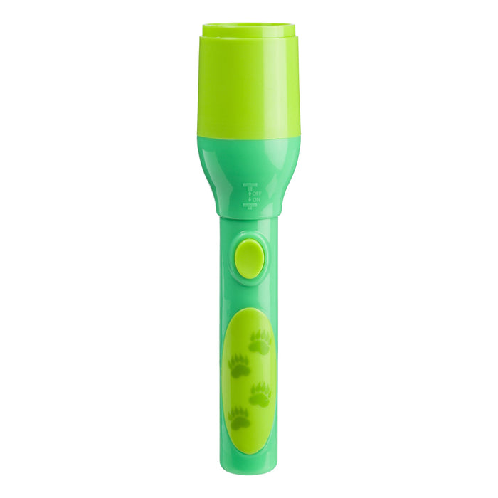 The Outdoor Discovery Wildlife Tent Projector features a green and lime design with a paw print handle, large button, and easy on/off switch—ideal for imaginative play or lighting up adventures in your child's tent.