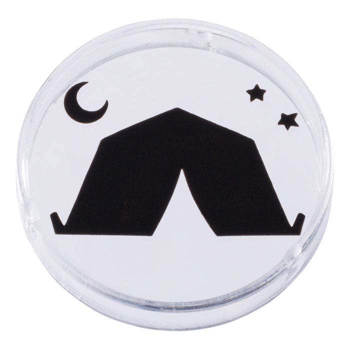 The Outdoor Discovery Wildlife Tent Projector features a simple black kids tent silhouette with a crescent moon and stars on a white circle—perfect for inspiring imaginative play.
