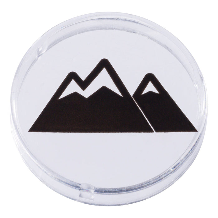 The Outdoor Discovery Wildlife Tent Projector is a clear round device with a simple black graphic of three mountain peaks on white—ideal for imaginative play or adding a creative touch to any kids’ tent.