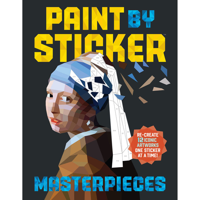 Cover of the 'Paint by Sticker Masterpieces' book featuring a stylized image of a woman with a pearl earring.