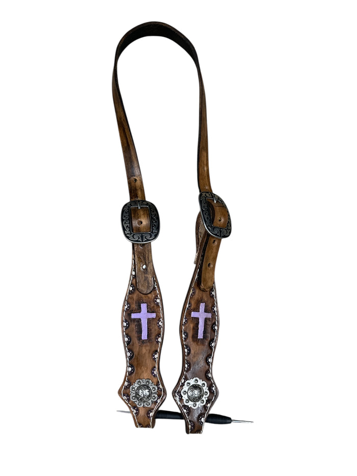 Painted cross leather simple headstall  with conchos  horse size