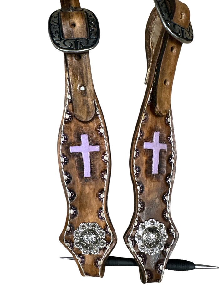 Painted cross leather simple headstall  with conchos  horse size