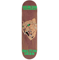A skateboard deck shown vertically against a white background, featuring a brown wood-grain base with a large leopard graphic in the center and bright green text reading 'HEROIN SKATEBOARDING' at the top and 'DALTON DERN' at the bottom.