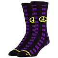 Black socks with purple square pattern and yellow peace signs on a white background