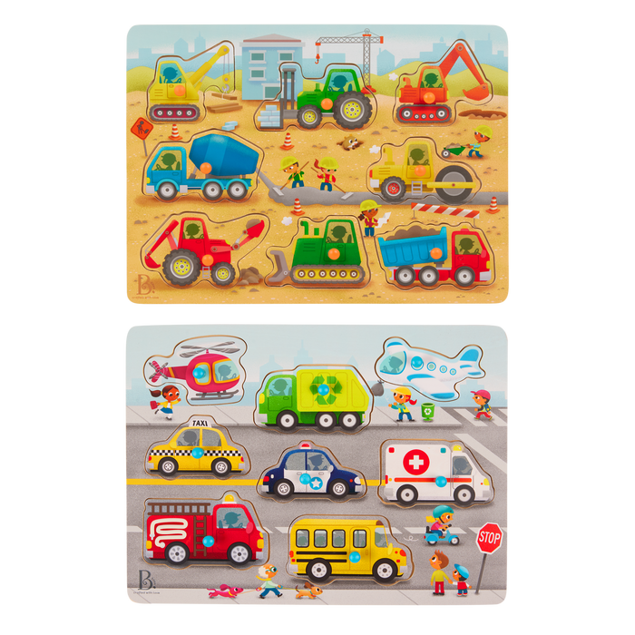 Wooden peg puzzles for toddlers trucks cars construction