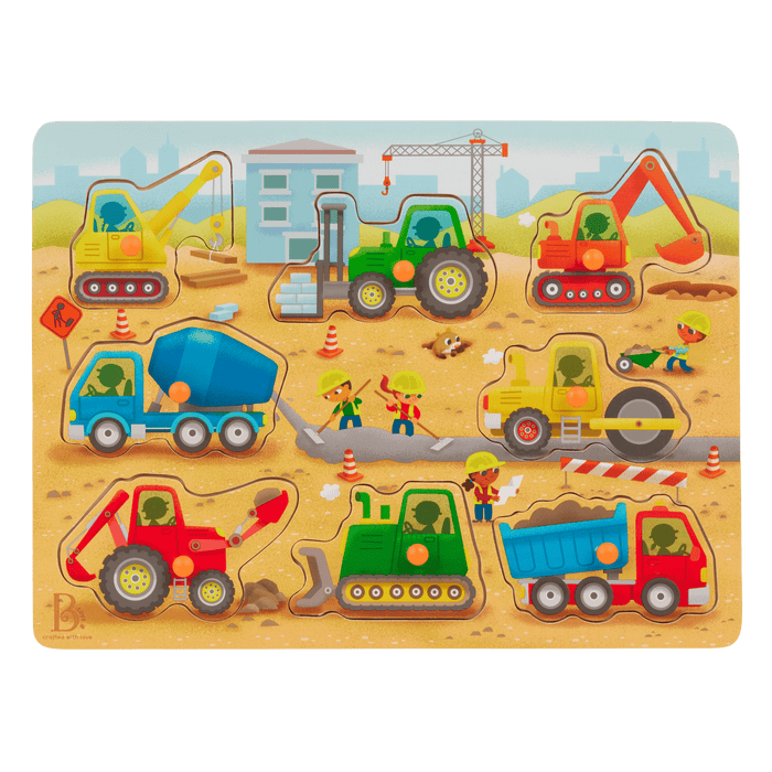 Peg puzzle with construction trucks.