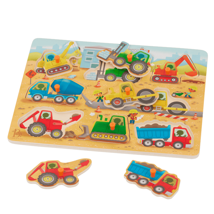 Peg puzzle with construction trucks.