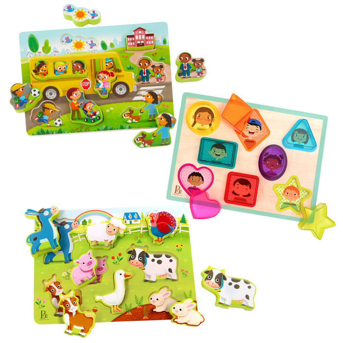 Chunky wooden puzzles for toddlers school bus farm animals emotions