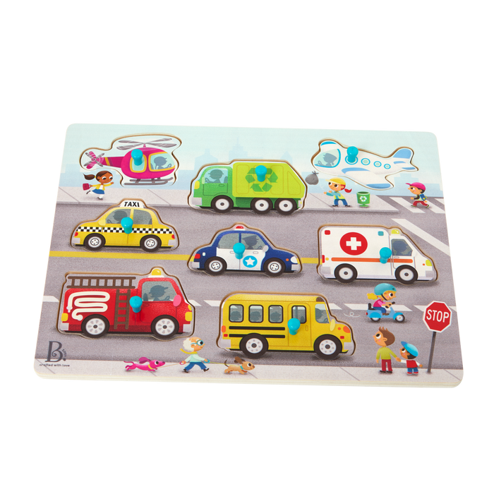 Peg puzzle with vehicles.
